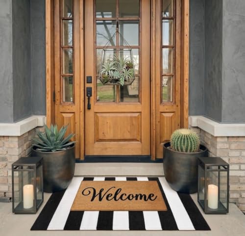 LEEVAN Black and White Outdoor Rug 2.3' x 3.6', Washable Striped Front Porch Rugs, Cotton Woven Layered Front Door Mat, Farmhouse Entryway Rug Reversible Foldable Indoor Doormat for Layered - color: Black and White Stripes, size: 2'4" x 3'7" (Rectangular)