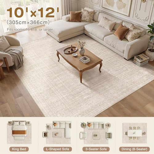 Nakagishi 10x12 Area Rugs Living Room: Washable Large Vintage Rug Neutral Non-Slip Soft Stain Resistant Indoor Carpet for Bedroom Nursery Dining Room Office Playroom - Beige - color: Beige, size: 10' x 12' (Rectangular)