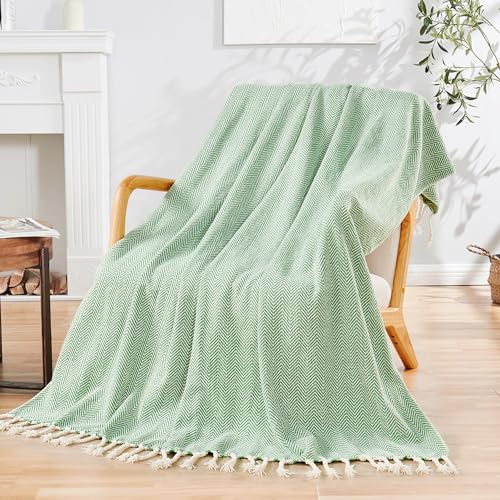 Herringbone Knitted Two Tone Throw Blankets with Braided Tassel Fringe, Boho Farmhouse Lightweight Turkish Throw Blanket for Couch Bed Sofa, Picnic, Yoga, Outdoor Blanket, 50 x 60 Inch, Green - color: Green