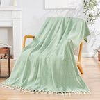 Herringbone Knitted Two Tone Throw Blankets with Braided Tassel Fringe, Boho Farmhouse Lightweight Turkish Throw Blanket for Couch Bed Sofa, Picnic, Yoga, Outdoor Blanket, 50 x 60 Inch, Green - color: Green