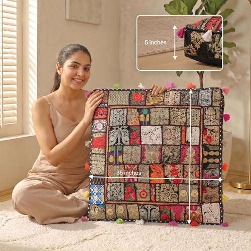 THE ART BOX Cotton Patchwork Vintage Boho Embroidered Floor Pillows & Cushion Cover Dog Pouf Seating Pouf Meditation Pillow Pet Bedding Cat Bed Boho Home Décor (35x35 Inches, Cover Only) - color: Black