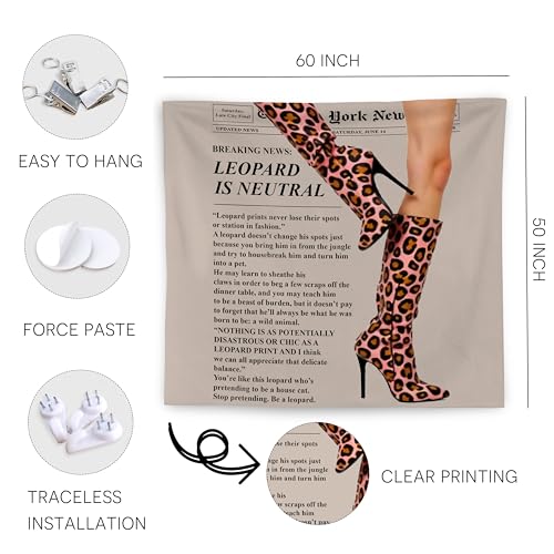 WNAGT Trendy Leopard Print Newspaper Tapestry Wall Hanging, Cheetah Room Decor, Modern Hot Girl Fashion Aesthetic Blanket Decor for Girls Room Dorm Apartment Office, 50x60 Inch