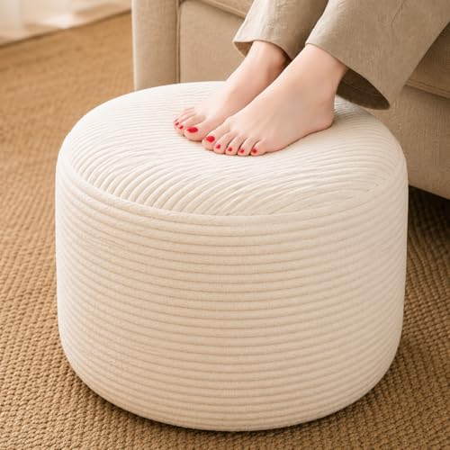 Round Pouf Ottoman Foot Rest 20 X 15 - Floor Pouf for Living Room Seating, Soft Corduroy Ottoman, Lightweight Foot Stool for Couch - color: Beige, size: 20"D x 20"W x 15"H
