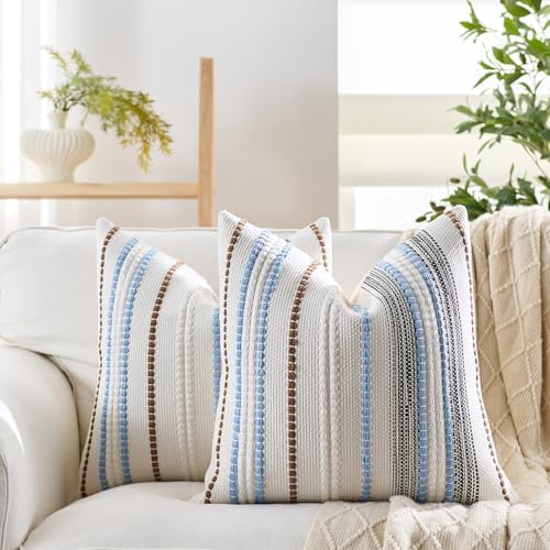 Boho Pillow Covers 18x18 Inch Blue White Brown Striped Farmhouse Decorative Accen Throw Pillow Covers Boho Cushion Case for Bed Sofa Couch Home Decor Set of 2 - color: Blue White Brown