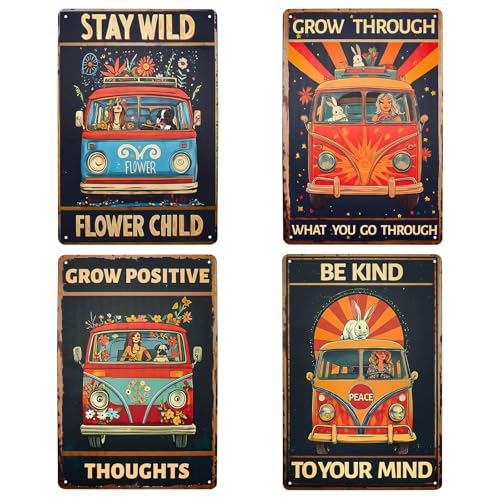 4PCS Vintage Tin Metal Sign, Bus Boho Inspirational Wall Art Signs Decor, Hippie Metal Poster Retro Signs for Gifts Women Office Bedroom Kitchen Living Room Cafes Bar Public 8x12 Inch (Tin Sign03) - color: Tin Sign03