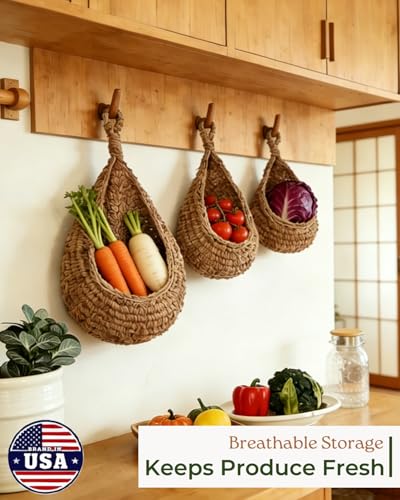 6 Pack Boho Wall Hanging Fruit Baskets, Kitchen Hanging Fruit Basket with 6 Pcs Hooks, Handwoven Teardrop Home Storage for Fruits, Vegetable, Potato