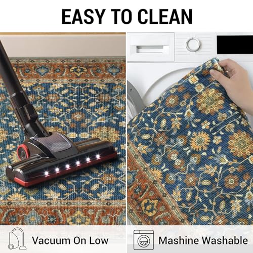 KUTA Vintage 2x3 Rugs for Entryway, Non-Slip Washable Kitchen Area Rug & Indoor Door Mat with Floral Print, Blue Terracotta Ultra Thin Soft Low-Pile Throw Rug for Front Door, Bedside, Small Spaces - color: Blue Terracotta, size: 2' x 3' (Rectangular)