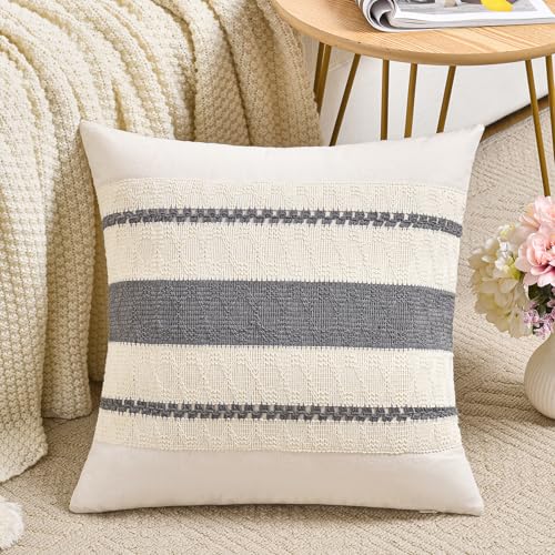 Fancy Homi Set of 1 Neutral Grey Farmhouse Decorative Throw Pillow Covers 16x16 Inch for Couch Bed Chair Indoors, Vintage Country Rustic Retro Room Decor, Soft Thick Cotton Handmade Woven Cushion Case - color: Gray, size: 16" x 16" (Pack of 1)