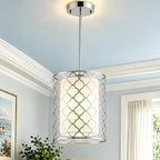 Shrine Lighting Drum Light Fixtures, Perfect Drum Pendant Light for Dining Room, Kitchen, D7'' x H9'', Adjustable Rob 11.8''~23.6'', E26*1 Sockets, Beige Linen Fabric Lampshade & Silver Mesh Cover - color: Silver&Pendant D7''
