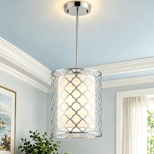 Shrine Lighting Drum Light Fixtures, Perfect Drum Pendant Light for Dining Room, Kitchen, D7'' x H9'', Adjustable Rob 11.8''~23.6'', E26*1 Sockets, Beige Linen Fabric Lampshade & Silver Mesh Cover - color: Silver&Pendant D7''
