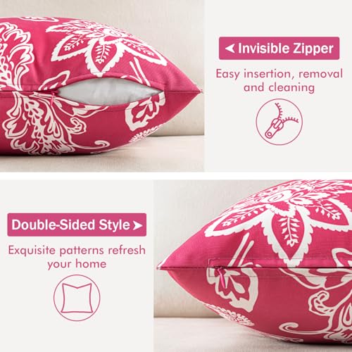 Decorative Outdoor Floral Pillow Covers Set of 2,Waterproof Boho Farmhouse Throw Pillows Summer Accent Pillowcases for Patio Furniture Garden Sofa 18x18 Inch, Hot Pink - color: Hot Pink