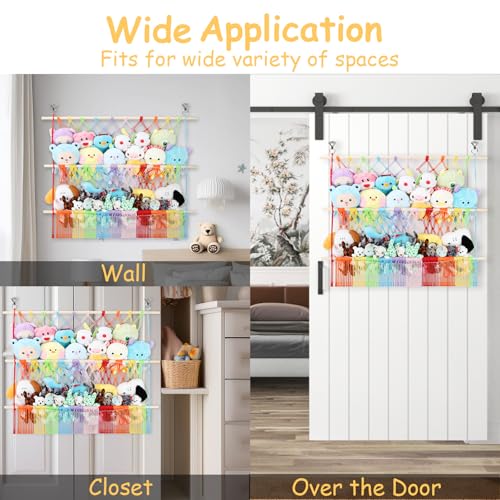 2 Tier Stuffed Animal Storage Shelf Net, 35x30'' Large Plushie Net w/ 2.4/1'' Dense Mesh for Mini Medium Stuffy Teddy, Rainbow Boho Macrame Toy Holder Display w/ Lights&Clips for Nursery Kid Girl Boy - color: Rainbow, size: Large-2 Tier-35x30 Inch