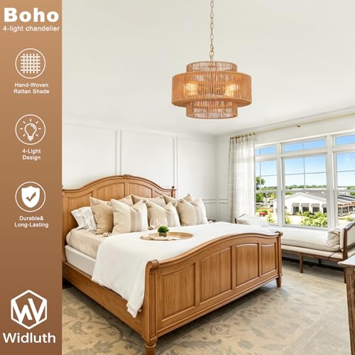 Widluth17.7 Rattan Pendant Light, Hand-Woven Boho Farmhouse Hanging Light Fixture, Drum Wicker Rattan Chandelier for Kitchen Island, Bedroom, Dining Room, Entryway - color: Gold 17.7"