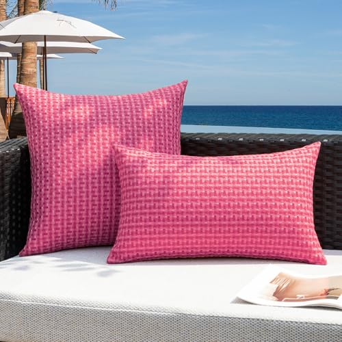 Kevin Textile Outdoor Waterproof Throw Pillow Covers Pack of 2 Valentines Day Weaving Texture Water Resistant Decorative Cushion Covers for Garden Patio Tent Balcony Bench Couch 18x18 Inch, Hot Pink - color: Hot Pink, size: 18" x 18" (Pack of 2)