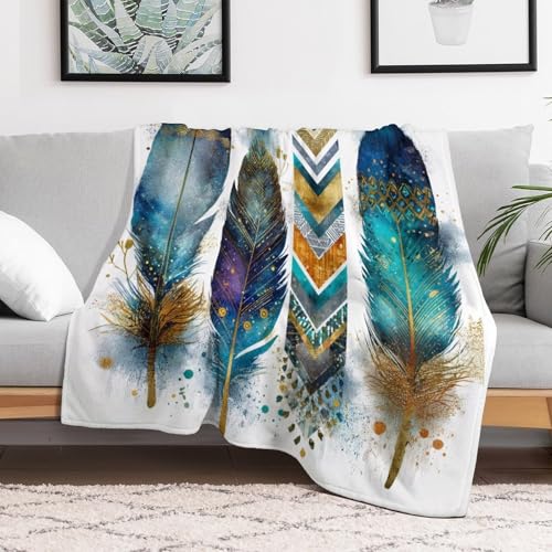 Blanket Feather Pattern Blue Throw Blanket for Women Men, 60"x80" Vintage Watercolor Gold Branch Plush Flannel Throws, Decor for Bed Couch Bedroom - color: Feather Pattern Blue, size: 60"x80"