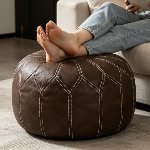 Thgonwid Round Unstuffed Pouf Cover, Faux Leather Storage Ottoman, Boho Moroccan Foot Stool, Multi-Purpose Home Decor for Living Room, Bedroom and Balcony, Deep Coffee, No Filling Included - color: Coffee（no Stuffing）