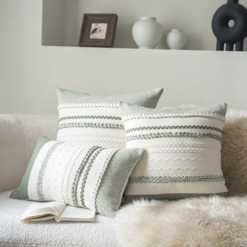 Cethom Boho Throw Pillow Covers 18x18 Inch Set of 2, Green Textured Decorative Couch Pillow Cases for Farmhouse Home Decor, Accent Cushion Cover for Sofa, Bed, Living Room, Bedroom - color: Green, size: 18" x 18" (Pack of 2)