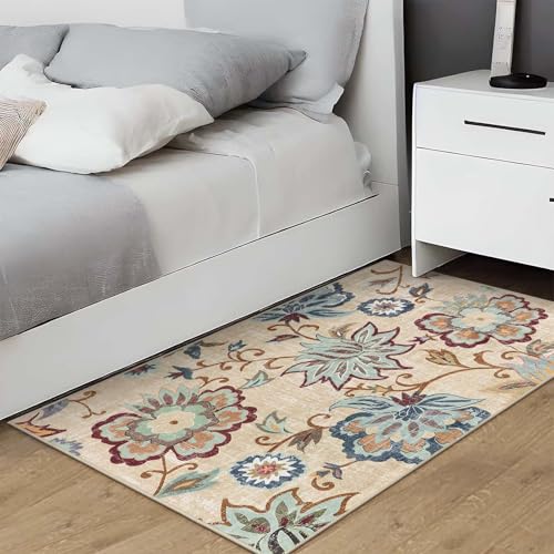 Beeiva Floral Washable 3x5 Area Rugs, Paisley Non Slip Rugs for Bedroom, Throw Ultra Thin Beige Carpet Entryway Carpets with Rubber Backing for Bathroom Kitchen Office - color: Cream, size: 3' x 5' (Rectangular)