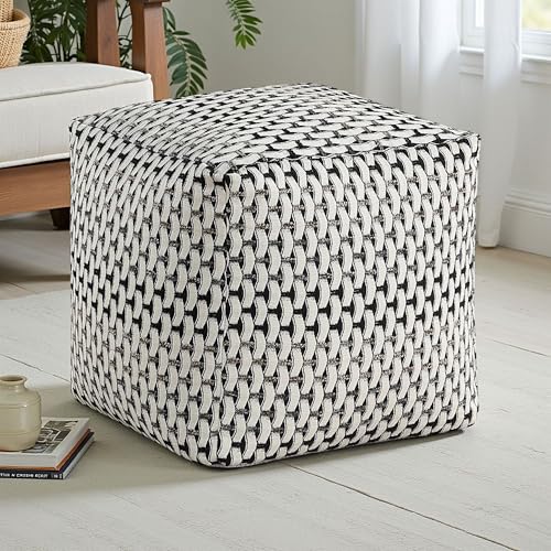 Benzara Modern Pouf Ottoman- Black White Basket Woven Jacquard- 16 Inch Square