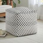 Benzara Modern Pouf Ottoman- Black White Basket Woven Jacquard- 16 Inch Square