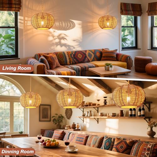 Hanging Lights with Plug in Cord Rattan Hanging Lamp Boho Ceiling Light Fixtures Farmhouse Pendant Lamp Shape for Living Room Bedroom Kitchen - size: 11.8 Inch-Ball Cactus Shade