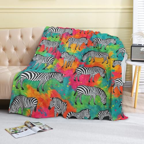 Zebra Fleece Blanket,40x50in,Bold Black White Zebras Neon Rainbow Paint Splash Throw Blankets,Soft Cozy Lightweight, Ideal for Bed Living Room Home Decor,Kids Gifts - color: Zebra, size: 40x50 Inch