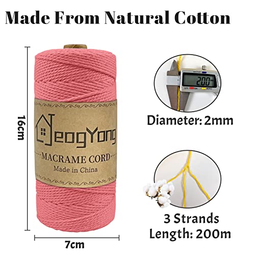 JeogYong Macrame Cord 2mm x 218 Yards, 3-Strand Twisted Natural Cotton Rope, Cotton String Coloured Craft Cord for Plant Hanger Wall Hanging Knitting Crafts, Flesh Pink Color - color: Flesh Pink
