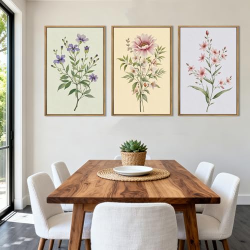 ANHUIB Boho Floral Canvas Wall Art, Framed Minimalist Beige Wildflower Wall Decor, Neutral Botanical Painting 16x24 Inch Set of 3 for Living Room Bedroom Dining Room - color: Floral, size: 24"L x 16"W