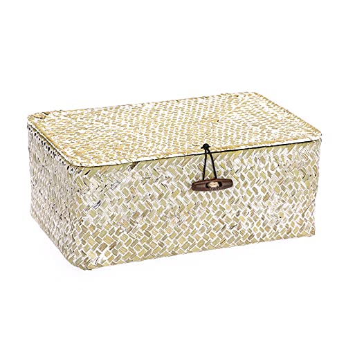 Hipiwe Wicker Shelf Baskets Bin with Lid Natural Seagrass Basket Storage Boxes Small Woven Basket Multipurpose Home Organizer Bins Box for Shelf Closet Bedroom Living Room Home Decor, Whitewash - color: Whitewash, size: Small