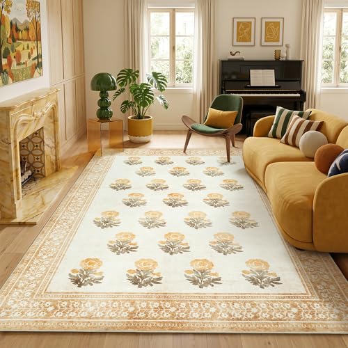 Beige Brown Floral Living Room Rug 5x7 Area Rug - Vintage Washable Rug for Dining Room, Bedroom, Ultra Soft Low Pile Non Slip Stain Resistance Distressed Boho Farmhouse Flower Carpet - color: Beige/Brown/Yellow, size: 5' x 7' (Rectangular)