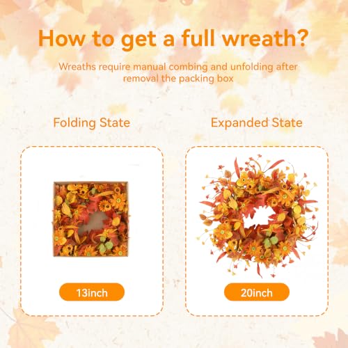 20" Fall Wreath Front Door Artificial Daisy Wall Decor Farmhouse Autumn Wreath Thanksgiving Home Porch Outdoor Indoor Holiday Harvest Decor - color: Gold, size: 20''