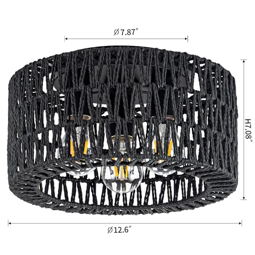 Rattan Ceiling Light Fixture, 3-Light Bohemian Modern Woven Ceiling Light, Black Boho Flush Mount Ceiling Light for Bedroom Living Room Dining Room, Bulb Not Included - color: Black, size: 3-Light-Round