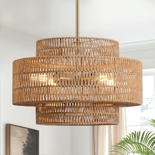 4-Light Boho Rattan Chandelier Light Fixture, 17.7” Hand Woven Rustic Chandeliers Farmhouse Chandelier Hanging Light for Dining Room Kitchen Island, Living Room, Foyer - color: Brown, size: 17.7" 4-Light