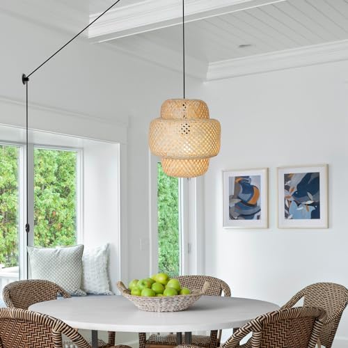 HuisMier Plug in Pendant Light Rattan Hanging Lights with Plug in Cord, Handwoven Bamboo Lampshade Hanging Lamp with Dimmable Switch, Plug in Pendant Light Fixture for Bedroom Kitchen Living Room - color: Beige
