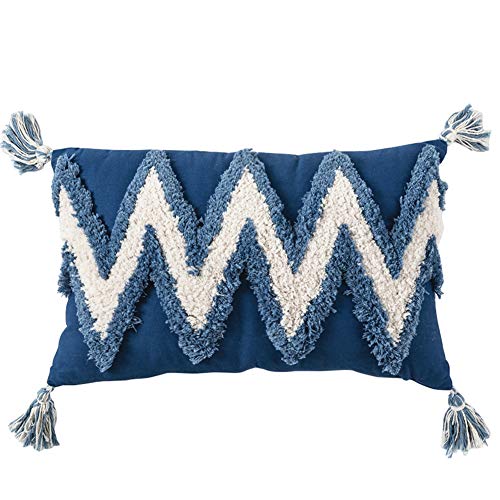 Geometric Embroidery Tufted Lumbar Throw Pillow Covers 12x20 Inch Farmhouse Cotton Canvas Woven Tufted Tassel Cushion Covers Home Decor (Blue,12"x20")
