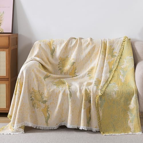Lemfux 4-Layer 100% Cotton Muslin Cooling Blanket, Boho Floral Gauze Throw with Fringe, Ultra Soft Breathable Lightweight Bedspread Coverlet for Bed Sofa Couch - color: Sunflower Floral, size: 80"x90"
