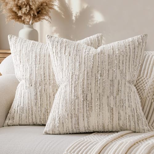 a moment Boho Throw Pillow Covers Set of 2,Striped Decorative Rustic Farmhouse Pillow Cases,Aesthetic Modern Home Decor Couch Cushion Covers for Bed Sofa Living Room 26"X26" Beige - color: Beige, size: 26" x 26" (Pack of 2)