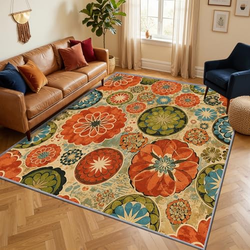 Boho Floral Rugs for Bedroom - Vintage Medallion Floral Rug, 2x3 ft Washable Non-Slip Burnt Orange and Sage Green Area Rug, Rustic Mandala Carpet for Entryway, Retro Bohemian Home Decor & Gifts - color: Burnt Orange Sage Green, size: 2' x 3' (Rectangular)