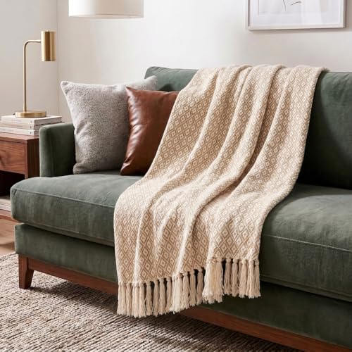 Americanflat 50x60 Throw Blanket - Soft and Breathable Cotton Throw Blanket for Couch, Bed, Chair - Decorative Blankets Perfect for Home, Office, or Outdoor Use - Khaki and White Mini Diamond Design - color: Omala Camel and White Mini Diamond