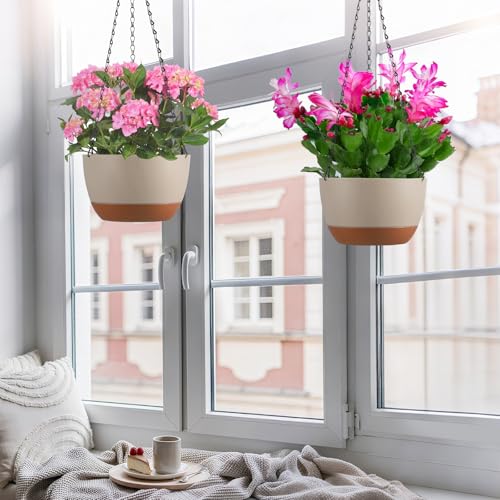 Set of 2 Hanging Planters for Indoor Outdoor Plants, 10 Inch Self-Watering Hanging Flower Pots with Drainage Hole & Removable Water-Storage Tray (Hooks) - color: Beige, size: 10 Inch (M)