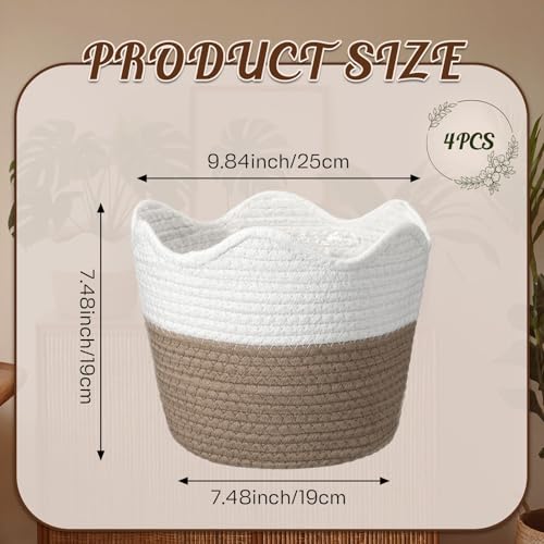 4 Pcs Large Cotton Rope Plant Basket Modern Woven Baskets for Flower Pot Floor Indoor Planters, Storage Organizer Baskets Home Decor, White Brown