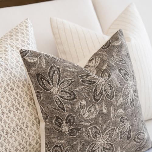 FIOUOVO Floral Throw Pillow Covers 18x18 Set of 2 Farmhouse Pillow Covers Vintage Neutral Accent Pillowcases Decorative Cushion Covers for Sofa Couch Living Room Bedroom Home Decor, Taupe - color: Taupe, size: 18" x 18" (Pack of 2)