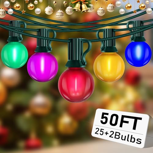 50Ft G40 LED Multicolor Christmas Lights Outdoor, Shatterproof Frosted Globe String Lights with 27 Ceramic Bulbs(2 Spare), Waterproof Hanging Patio Lights for Bistro Porch Party Holiday Decorations - color: Frosted Multicoloured-Green, size: 50FT