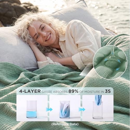 Bedsure 100% Cotton Muslin Blanket Queen Size for Bed - 4-Layer Breathable and Lightweight Thin Soft Summer Gauze Muslin Blankets for Adults, Sage Green, 90x90 Inches - color: 03 - Sage Green, size: Queen (90" X 90")