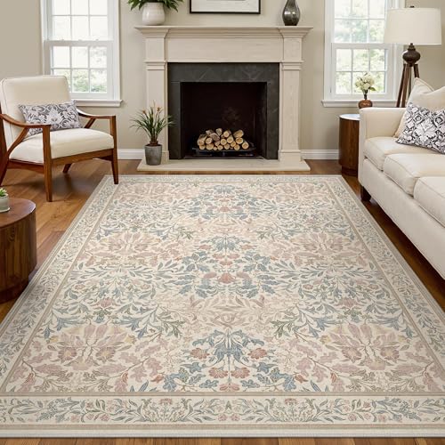Bavni 4x6 Area Rugs for Living Room, Floral Rug Machine Washable Non Slip, Vintage Boho Forest Carpet, Soft Low Pile Thin Lightweight Rugs for Bedroom, Farmhouse, Dining Room Office, Beige Pink - color: Beige Pink, size: 4' x 6' (Rectangular)