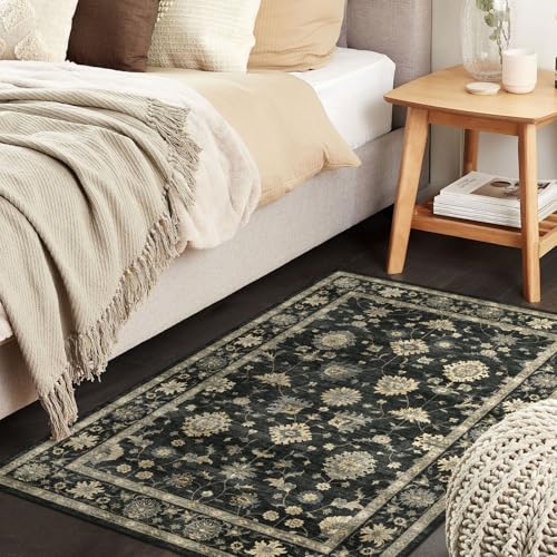 LUXRUG 2x3 Washable Entry Rug - Small Entryway Area Rug Non-Slip Door Mat Indoor Entrance Charcoal Black Vintage Floral Kitchen Rug Low Pile Boho Throw Rugs for Entryway Bedroom Bathroom - color: Charcoal Black, size: 2' x 3' (Rectangular)