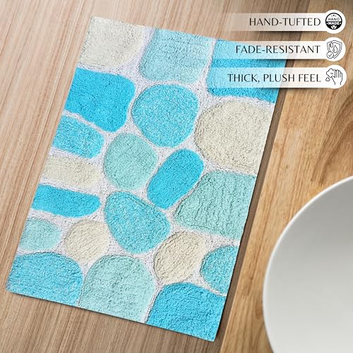 Ramanta Home Pebble Stone Pure Cotton Bathroom Mat Set of 2 - Turquoise, Super Soft Anti Skid Absorbent Bath Rug for Bathroom, Kitchen, Machine Washable Bathrugs - 21x32 & 17x24 Inch - color: Turquoise, size: 21" x 32" & 17" x 24" (Set of 2)