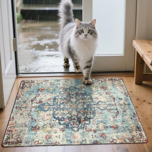 Lahome Reine Bohemian Floral Medallion Area Rug - 2x3 Vintage Teal Distressed Small Entryway Rug Turkish Doormat Faux Wool Non-Slip Washable Low-Pile Carpet for Bathroom Kitchen Laundry Room Decor - color: Vintage Teal/Multi, size: 2' x 3' (Rectangular)