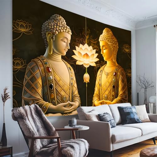 FENDROM Vintage Sitting Buddha Tapestry Buddha's Light Wall Hanging Buddhist Statue Tapestries Lotus Meditation Wall Decor Psychedelic Indian Zen Art for Bedroom Living Room Home Decor - color: Golden, size: 59"L x 51"W