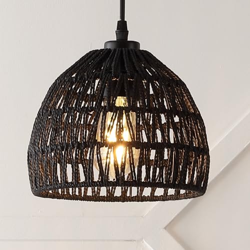 JONATHAN Y 8.25" Black Modern Bohemian Woven Rope LED Pendant Light Fixture, Adjustable Dome Ceiling Lamp for Kitchen Island, Rope Shade, Coastal Farmhouse Decor (JYL6512B) - color: Black, size: 8.25"